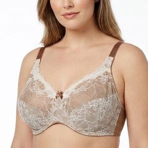 Wonderbra Lace Bra Size 40DD Multiway Unlined Unpadded Plunge Underwired Brown